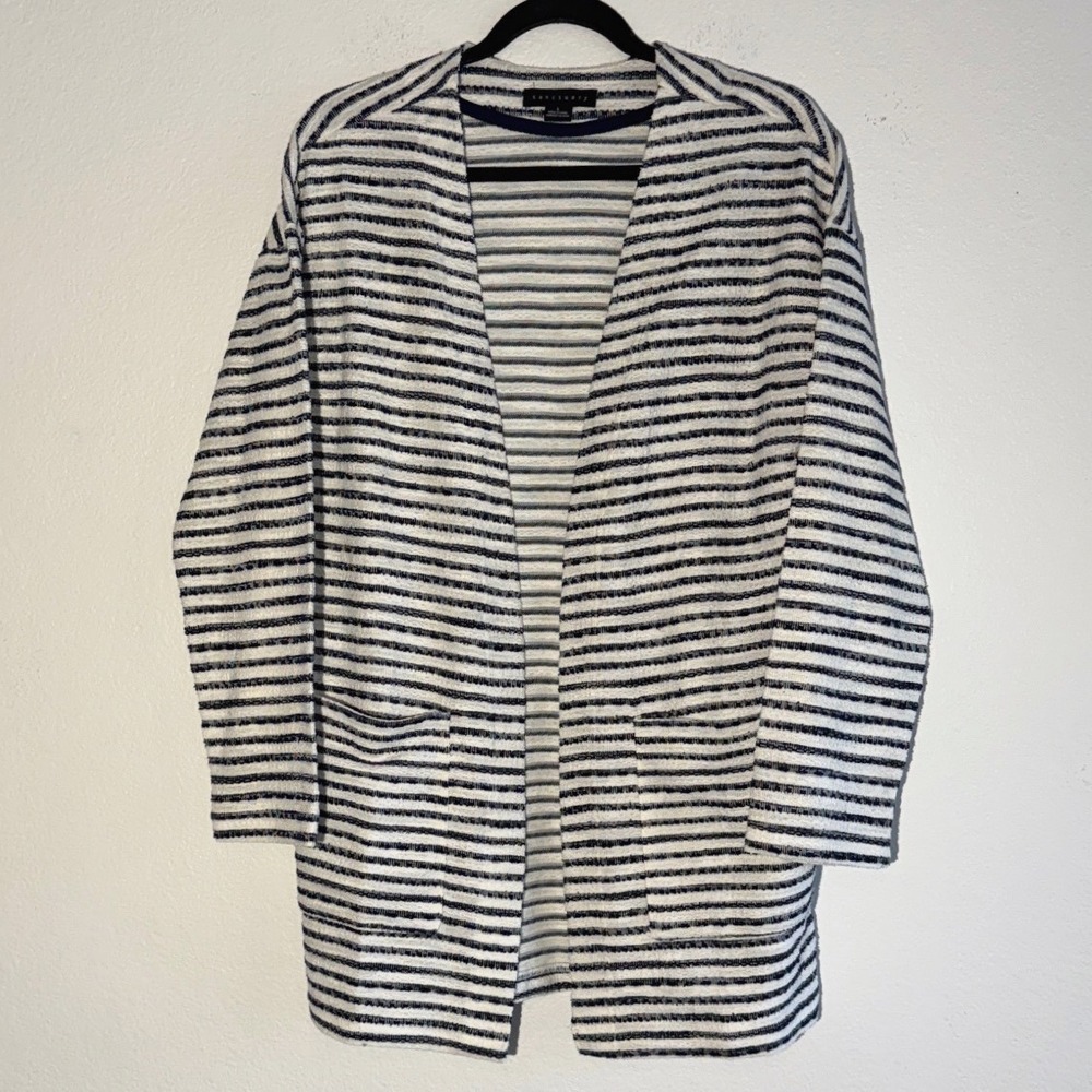 Sanctuary Womens Striped Open Front Cardigan Sweater Pockets Blue‎ White Large